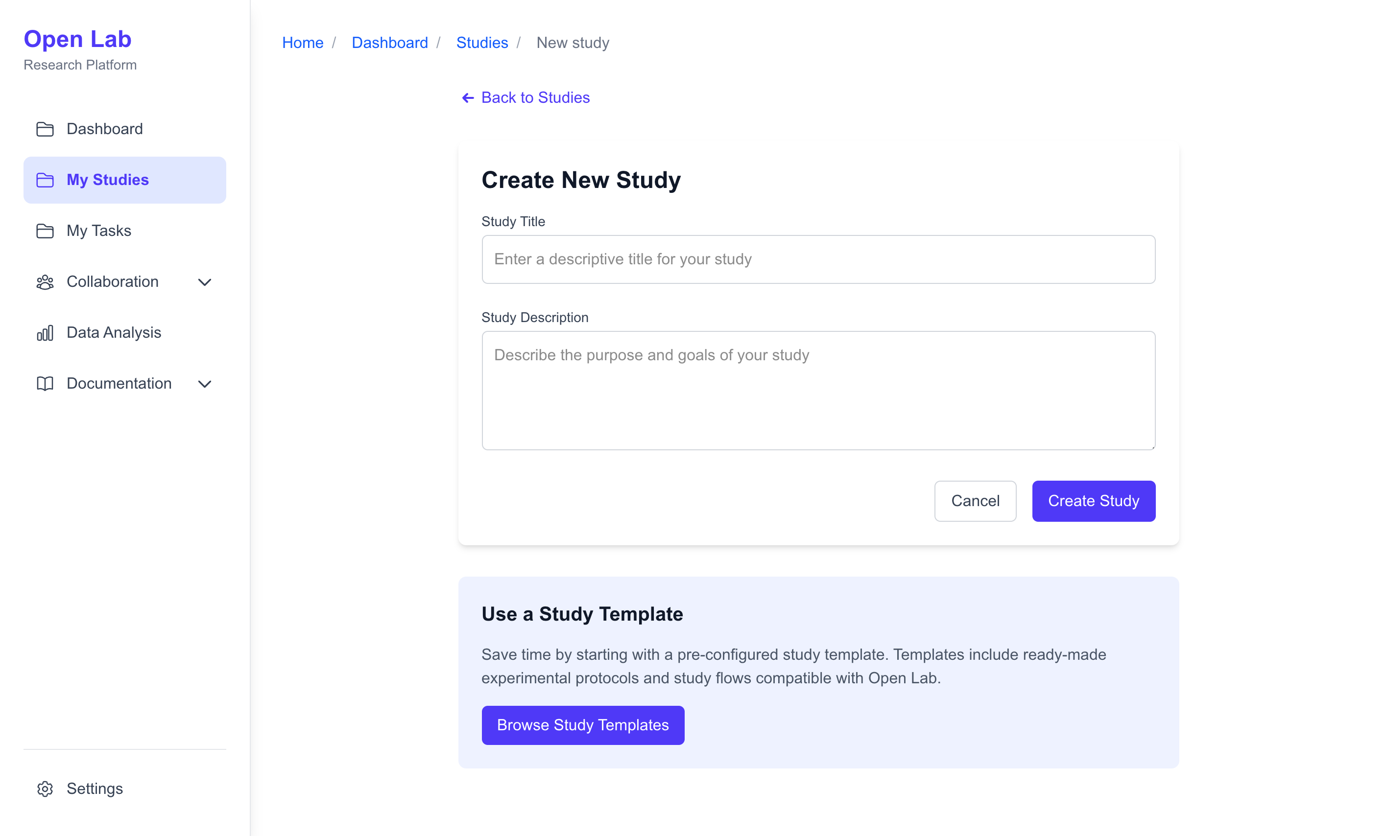 Screenshot of the Create New Study form, showing input fields for study title and description, with a 'Create Study' button.