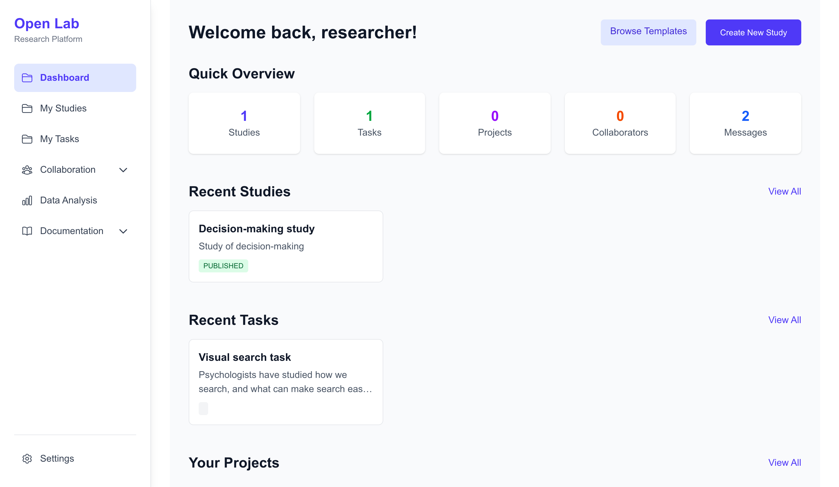 Screenshot of the researcher dashboard, showcasing study cards, quick-action buttons for creating studies, and a summary of data dashboards.