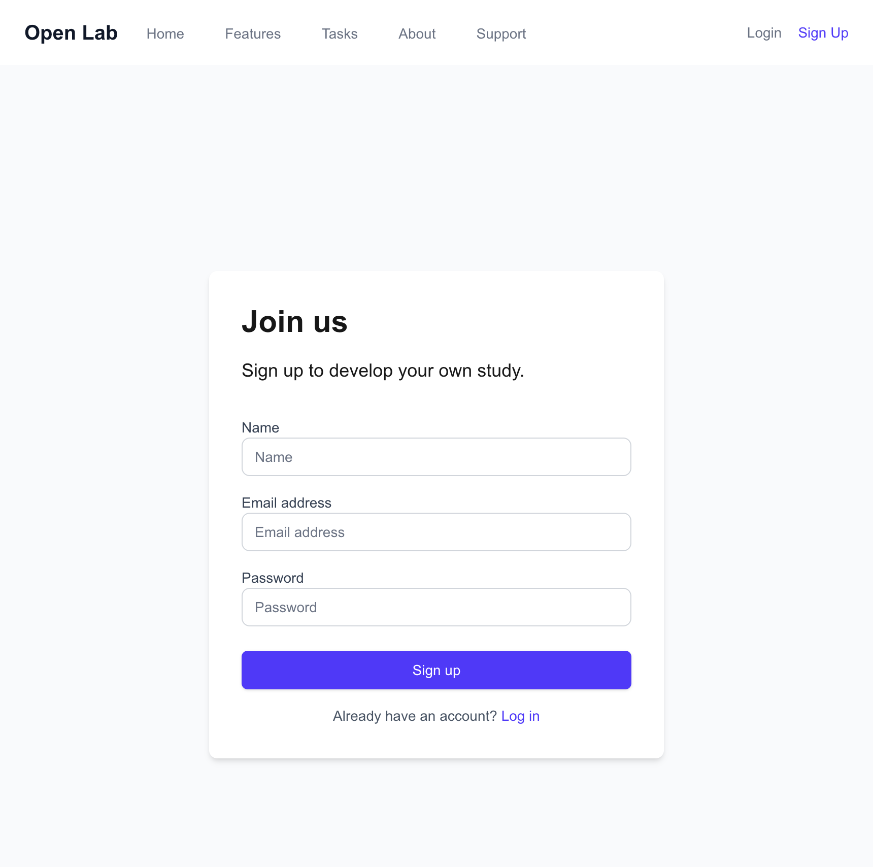 Screenshot of the Open Lab platform signup page, displaying input fields for name, email, and password, with a 'Sign Up' button.